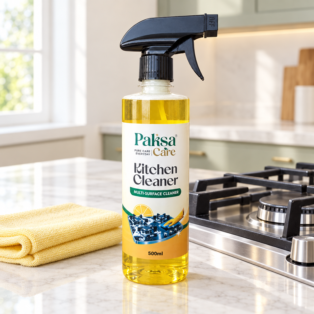PaksaCare Kitchen Cleaner on a marble counter next to a clean steel gas stove