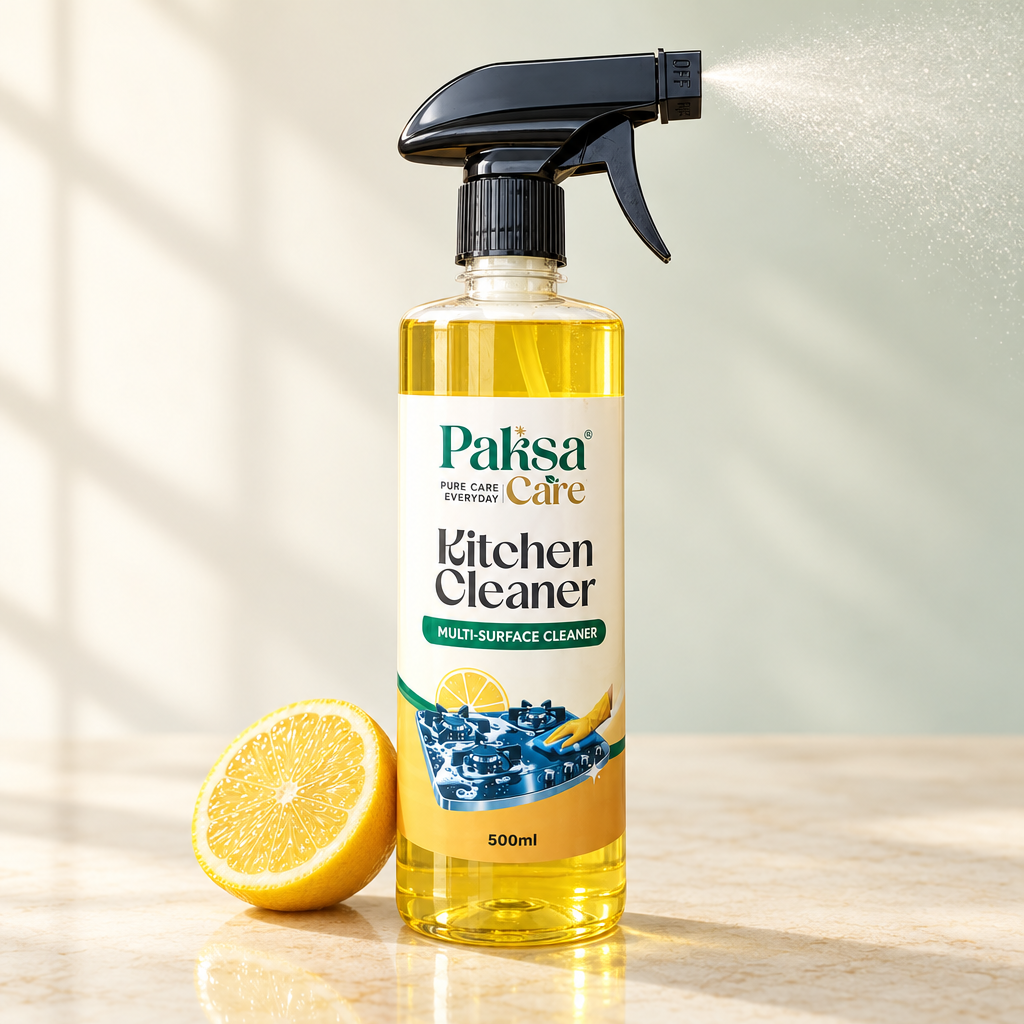 PaksaCare Kitchen Cleaner spray mist PaksaCare Kitchen Cleaner spraying a fine mist beside a fresh lemon