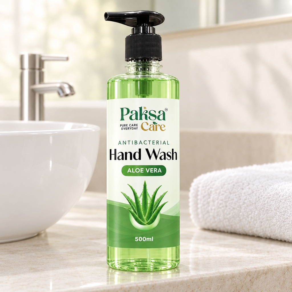 PaksaCare Aloe Vera Hand Wash 500ml by the basin PaksaCare Aloe Vera Hand Wash 500ml beside a bathroom basin
