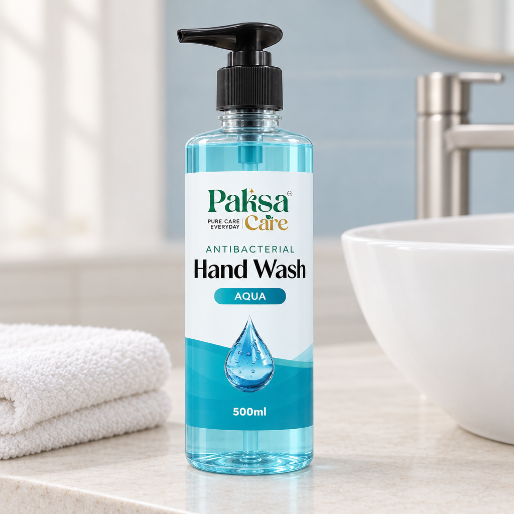 PaksaCare Aqua Hand Wash 500ml by the basin PaksaCare Aqua Hand Wash 500ml beside a bathroom basin