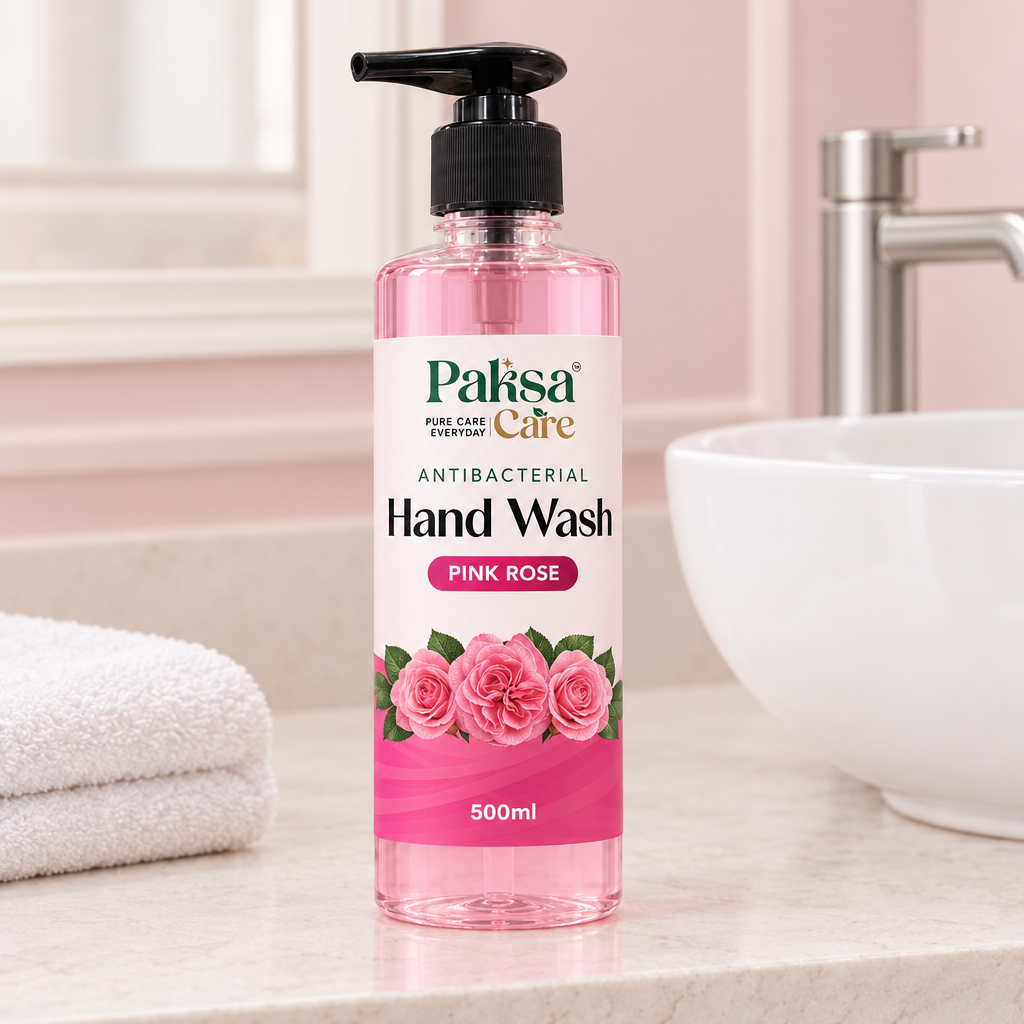 PaksaCare Pink Rose Hand Wash 500ml by the basin PaksaCare Pink Rose Hand Wash 500ml beside a bathroom basin