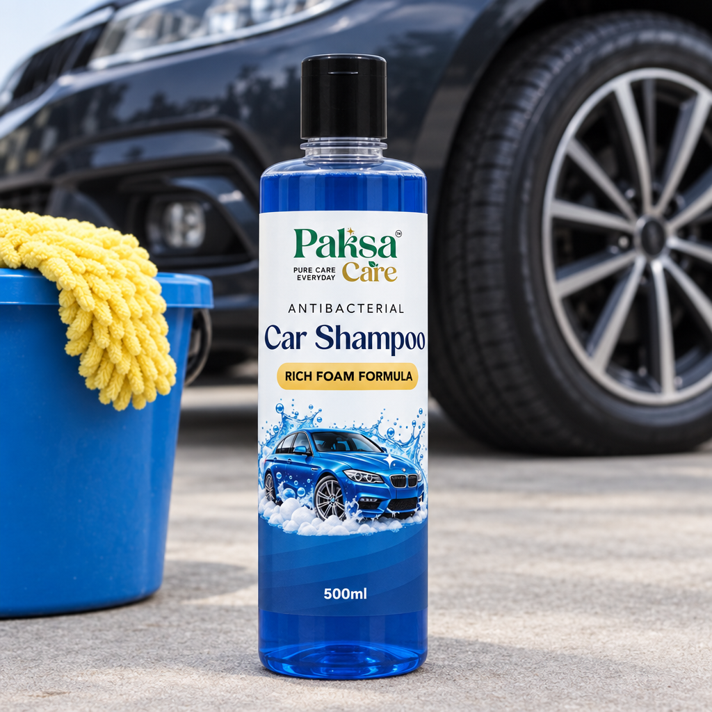 PaksaCare Car Shampoo with wash bucket PaksaCare Car Shampoo 500ml beside a wash bucket and a clean car