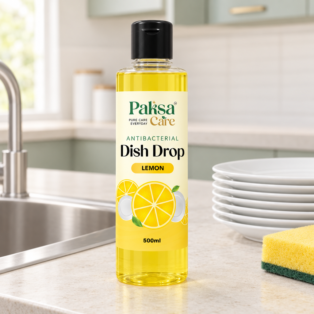 PaksaCare Dish Drop Lemon by the kitchen sink PaksaCare Dish Drop Lemon 500ml beside a kitchen sink and clean plates