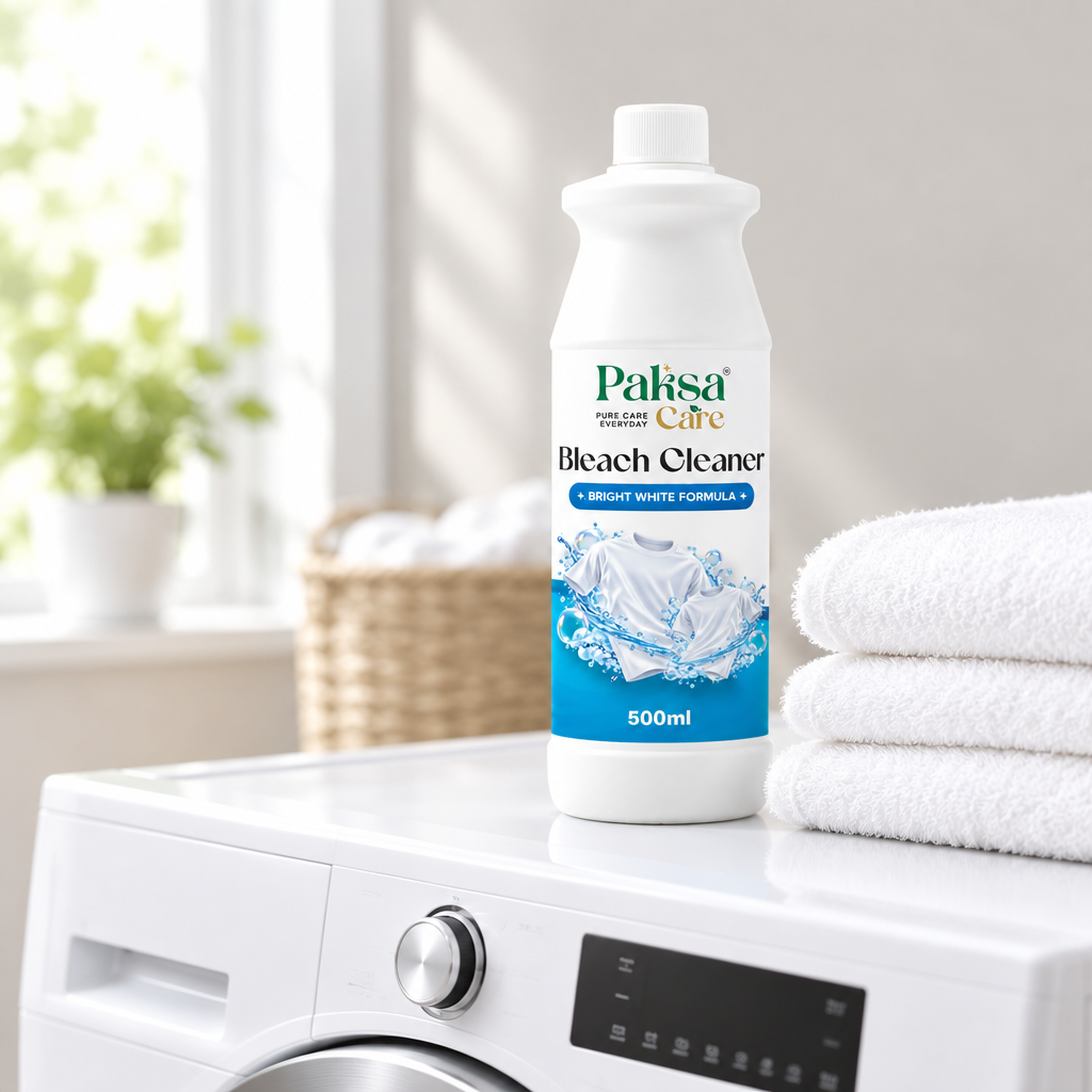 PaksaCare Bleach Cleaner Bright White Formula in a laundry room