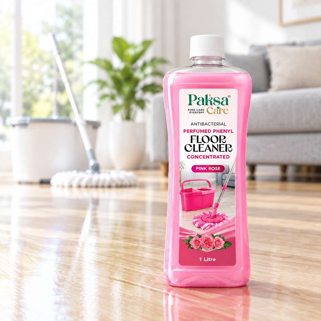 PaksaCare Pink Rose floor cleaner on a clean wooden floor