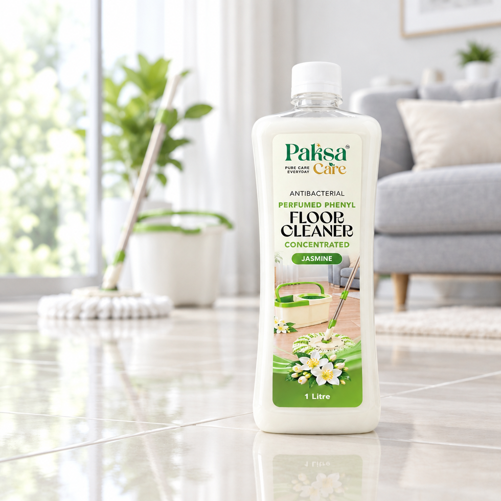 PaksaCare Floor Cleaner – Jasmine – living room PaksaCare Jasmine floor cleaner on a clean tiled floor
