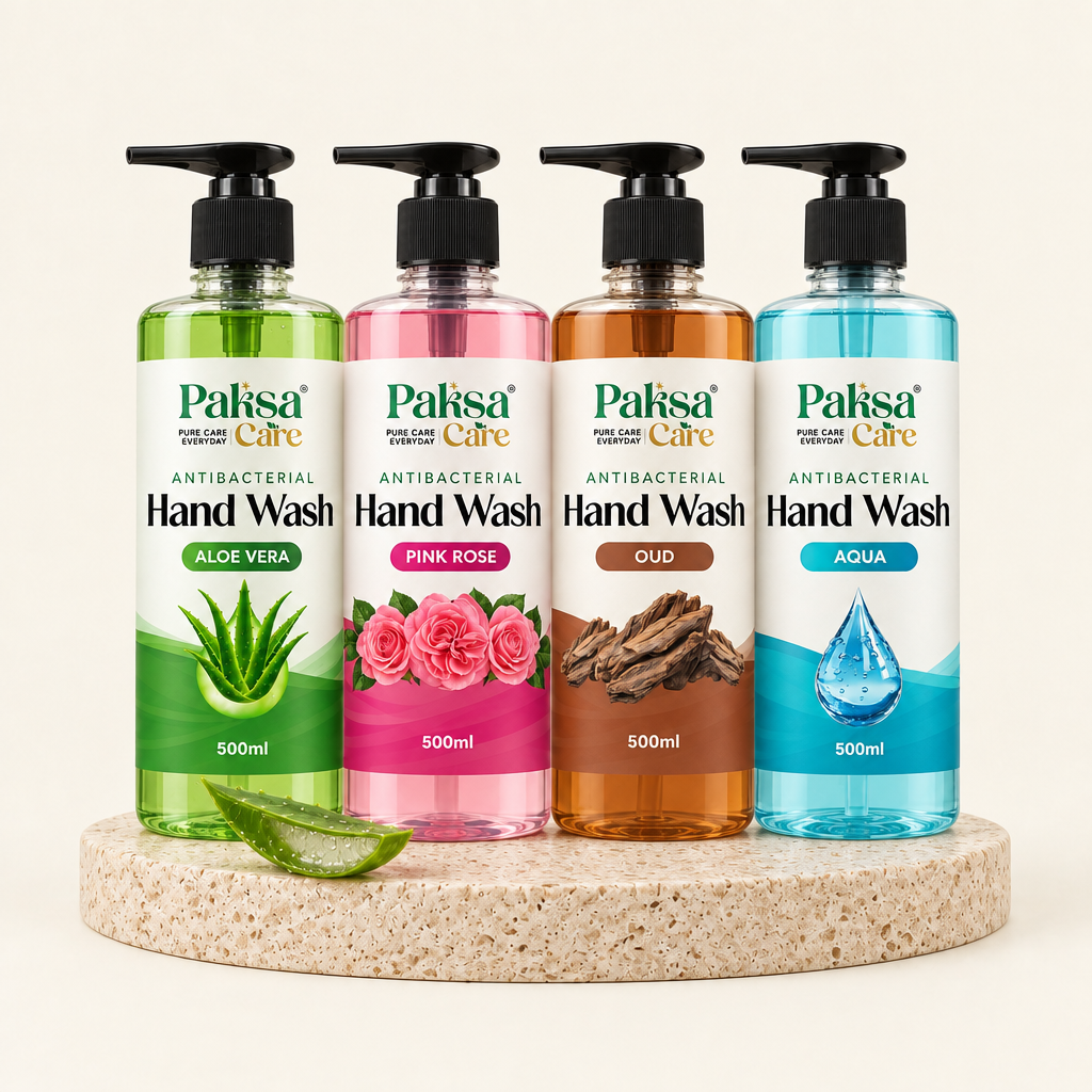 PaksaCare Antibacterial Hand Wash bundle – Aloe Vera, Pink Rose, Oud and Aqua 500ml bottles