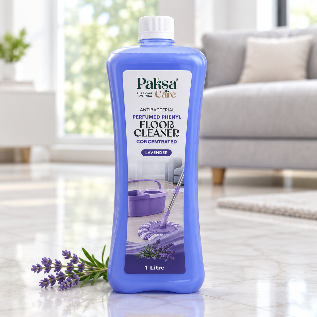 PaksaCare Floor Cleaner – Lavender – living room PaksaCare Lavender floor cleaner on a clean marble floor